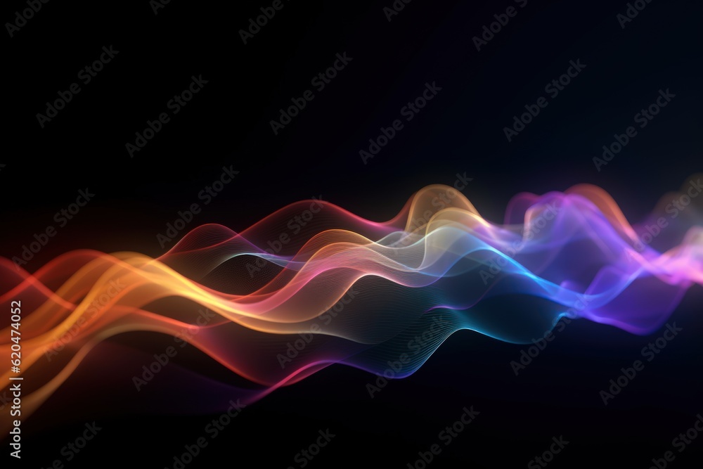 Visualization of sound waves. Abstract futuristic background with colorful glowing neon moving high speed wave lines and bokeh lights. Data transfer concept. Fantastic wallpaper. Generative AI Visualization of sound waves. Abstract futuristic background with colorful glowing neon moving high speed wave lines and bokeh lights. Data transfer concept. Fantastic wallpaper. Generative AI