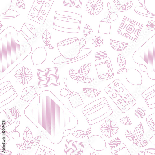 Woman period remedies seamless pattern. Medications and hot water bottle with green tea and candle. 
