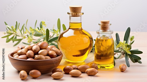 Argan seeds and oil isolated on a white background