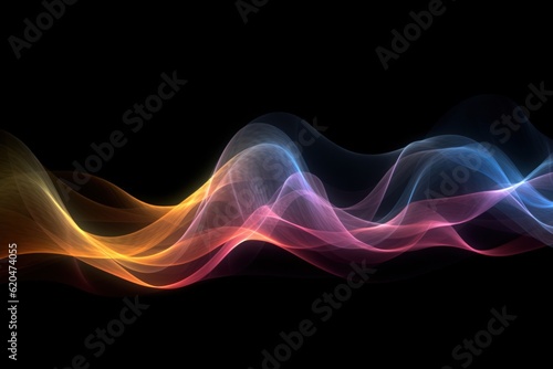 Visualization of sound waves. Abstract futuristic background with colorful glowing neon moving high speed wave lines and bokeh lights. Data transfer concept. Fantastic wallpaper. Generative AI