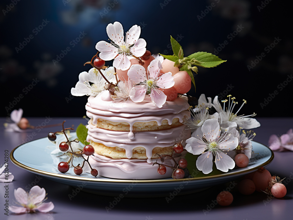 A cake with frosting and flowers on a plate. Generative AI. Edible flowers as decoration.