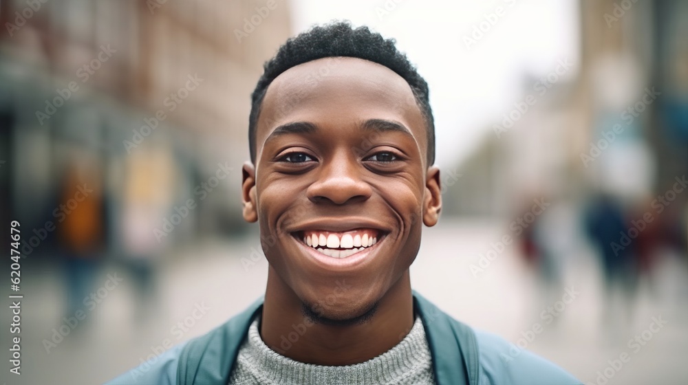 Happy young african american man smiling in the city. Closeup Portrait of a happy young adult African male standing on a European city street. African man with perfect white teeth closeup. . Happy young african american man smiling in the city. Closeup Portrait of a happy young adult African male standing on a European city street. African man with perfect white teeth closeup. .
