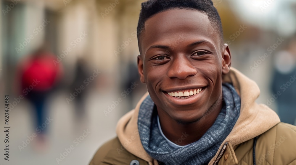 Happy young african american man smiling in the city. Closeup Portrait of a happy young adult African male standing on a European city street. African man with perfect white teeth closeup. .