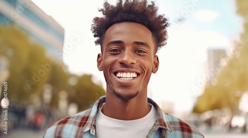Happy young african american man smiling in the city. Closeup Portrait of a happy young adult African male standing on a European city street. African man with perfect white teeth closeup. .
