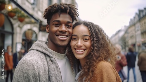 Happy young African couple on a European city street looking at the camera and smiling. Cheerful African couple standing and hugging each other in the sidewalk garden. Joyful couple outdoors. .