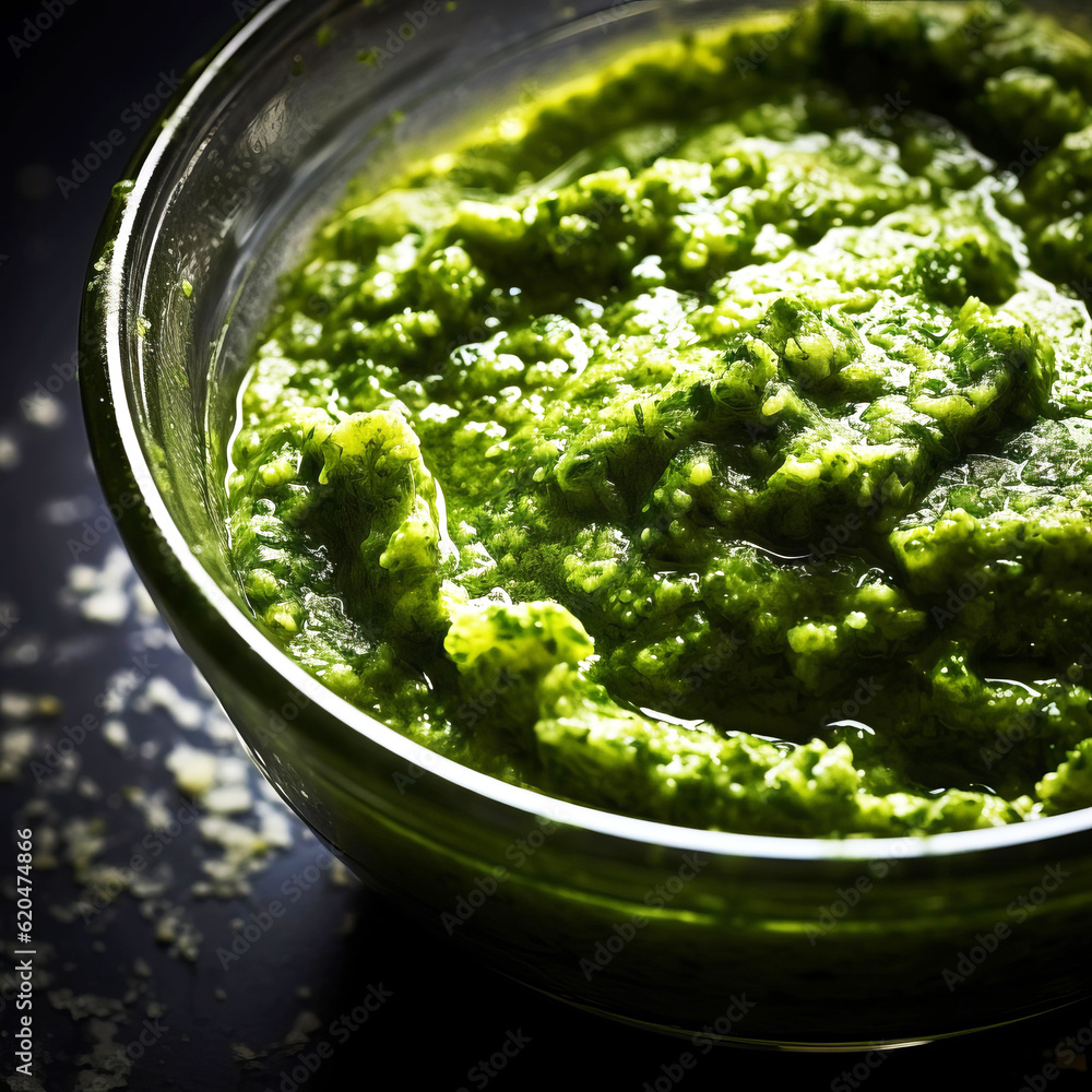 Macro texture of pesto with basil, close-up. Selective focus. Macro texture of pesto with basil, close-up. Selective focus.