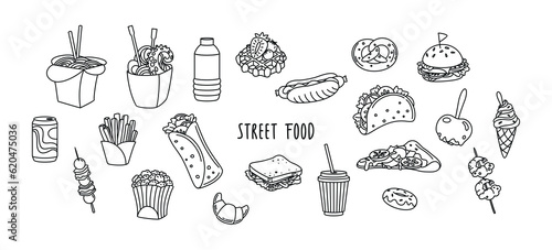 Fotografia Street food. Icon set. Monochrome. Vector.