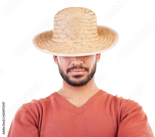 Hat, hidden face and man with fashion accessory, casual apparel and stylish clothes, trendy and relax outfit. Identity, style and person with straw cap isolated on a transparent, png background