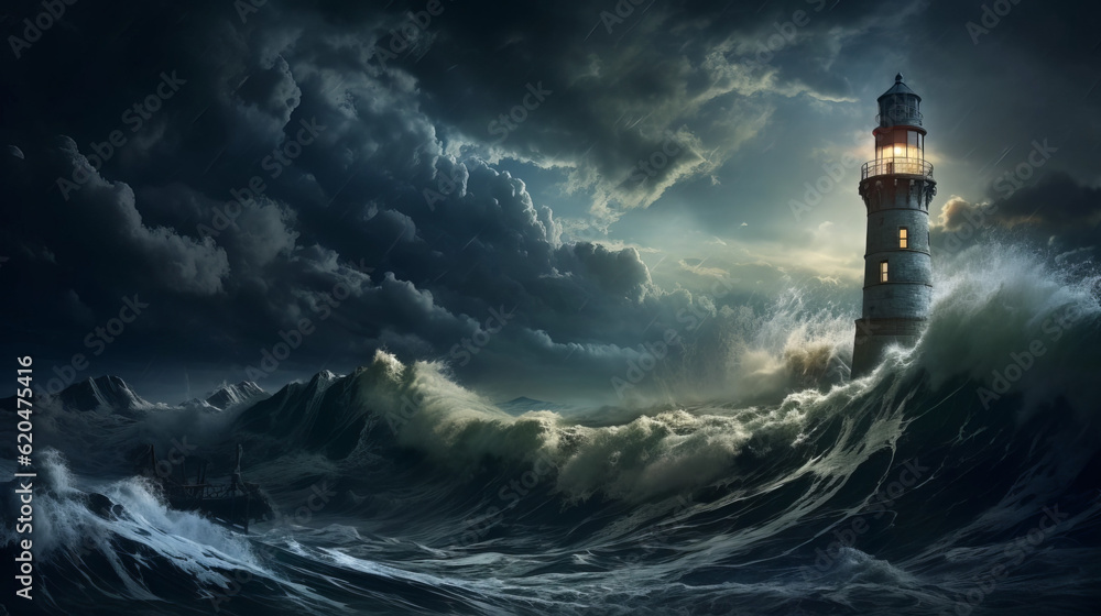 Tempestuous Glow: Surrealistic Fantasy of Ocean Storms and Nighttime Lighthouse
