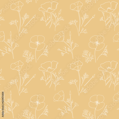 orange floral seamless texture with silhouettes of poppies - vector pattern
