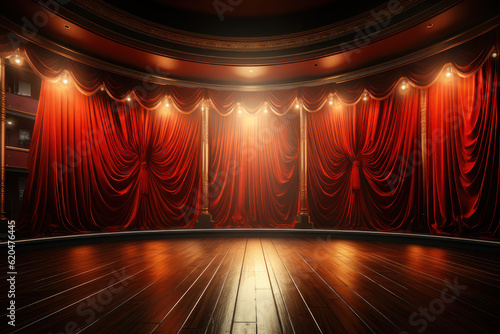 Red curtain on the theater stage. AI generative.