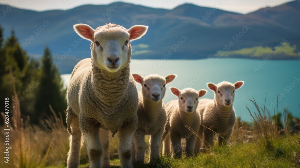 herd of sheep mountain and river herd of sheep mountain and river