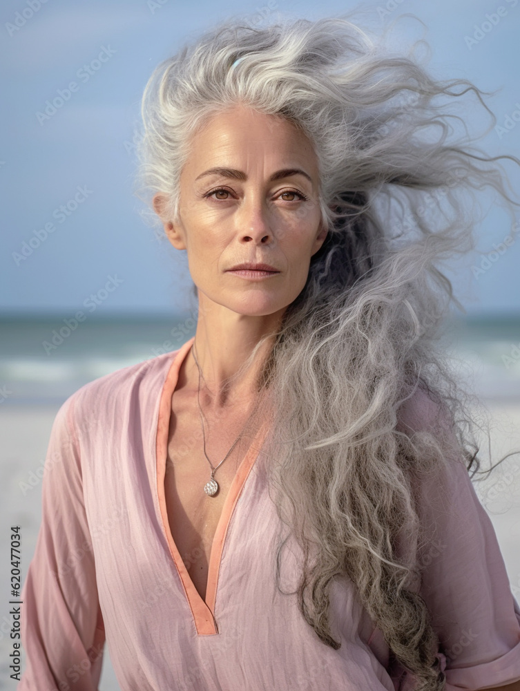 grey hair woman on the beach, generative ai, grey hair woman on the beach, generative ai,