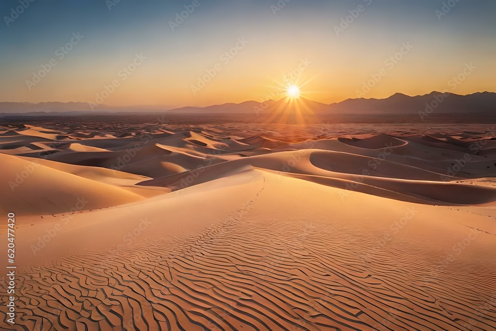 Beautiful sunset over the desert sand dunes. Generative AI