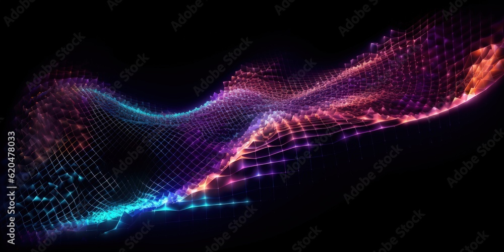 Visualization of sound waves. Abstract futuristic background with colorful glowing neon moving high speed wave lines and bokeh lights. Data transfer concept. Fantastic wallpaper. Generative AI Visualization of sound waves. Abstract futuristic background with colorful glowing neon moving high speed wave lines and bokeh lights. Data transfer concept. Fantastic wallpaper. Generative AI