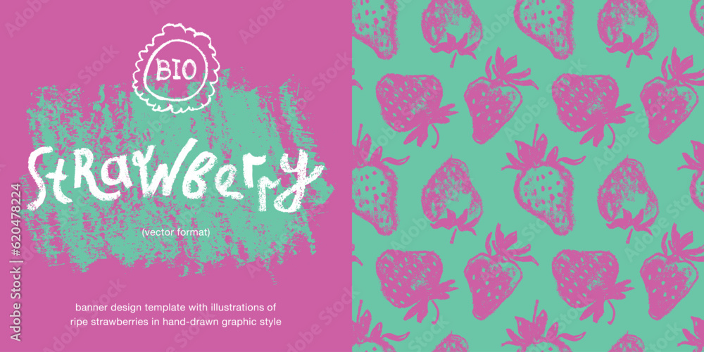 Banner design template with hand drawn illustrations of ripe strawberries vector. Strawberry pattern seamless. Red berries for vegan banner, juice, jam label design. Strawberry smoothie background. Banner design template with hand drawn illustrations of ripe strawberries vector. Strawberry pattern seamless. Red berries for vegan banner, juice, jam label design. Strawberry smoothie background.