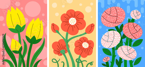 Floral card or poster with bouquets of different flowers