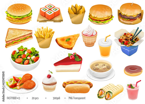 Fastfood Illustration Icons set, Fast food icon collection, Hand drawn digital graphics oil paint style icon pack