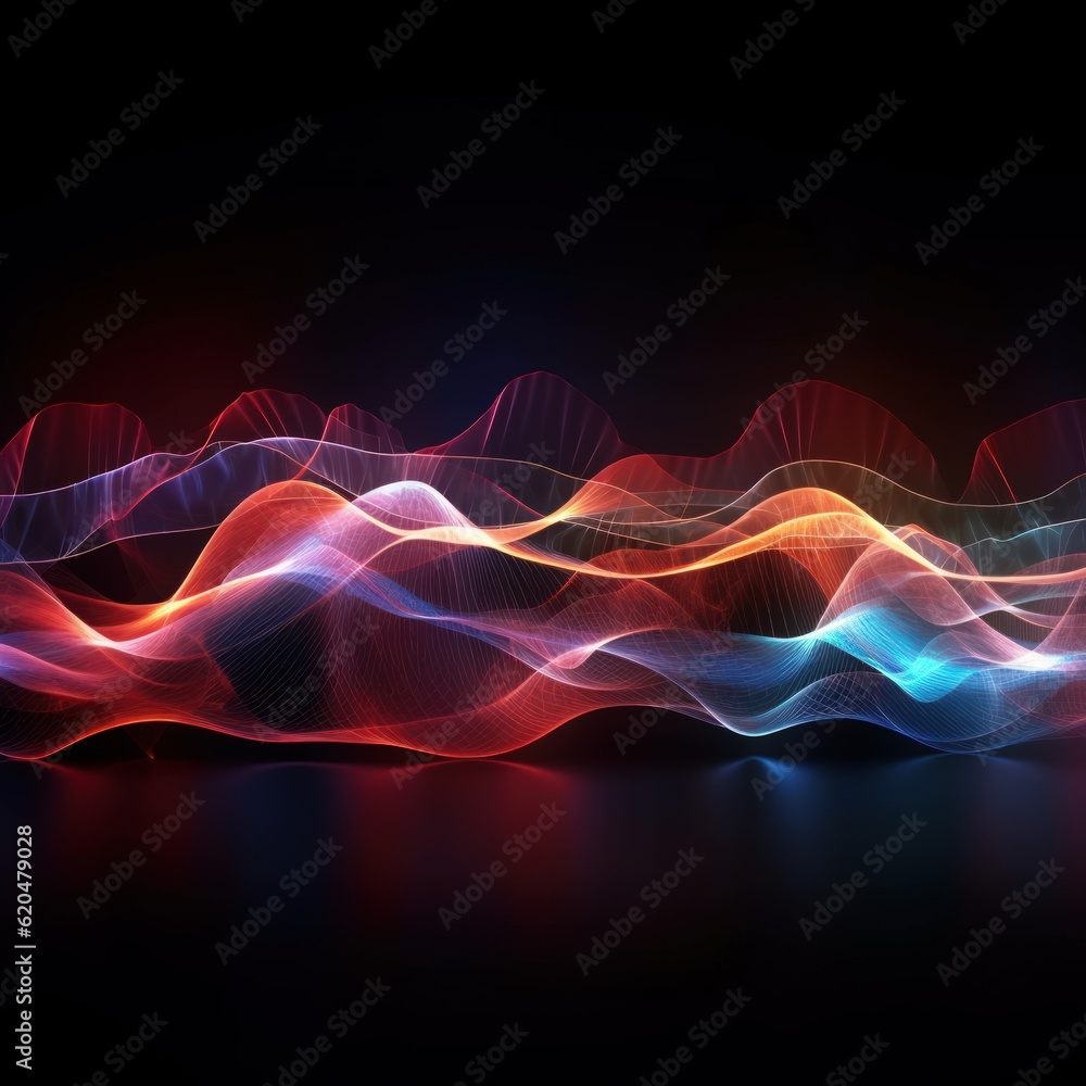 Visualization of sound waves. Abstract futuristic background with colorful glowing neon moving high speed wave lines and bokeh lights. Data transfer concept. Fantastic wallpaper. Generative AI Visualization of sound waves. Abstract futuristic background with colorful glowing neon moving high speed wave lines and bokeh lights. Data transfer concept. Fantastic wallpaper. Generative AI