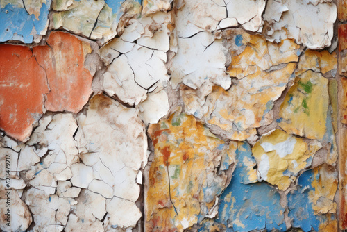 Peeling paint on a weathered surface, revealing the fascinating layers and textures created by time and decay. Generative AI.