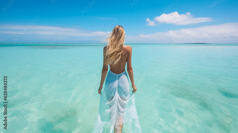 Beautiful girl in a long white dress on the beach at Maldives. Rear view of a Blonde woman in a blue dress on a tropical beach. Young woman in a long dress on the seashore at Maldives. AI generated Beautiful girl in a long white dress on the beach at Maldives. Rear view of a Blonde woman in a blue dress on a tropical beach. Young woman in a long dress on the seashore at Maldives. AI generated
