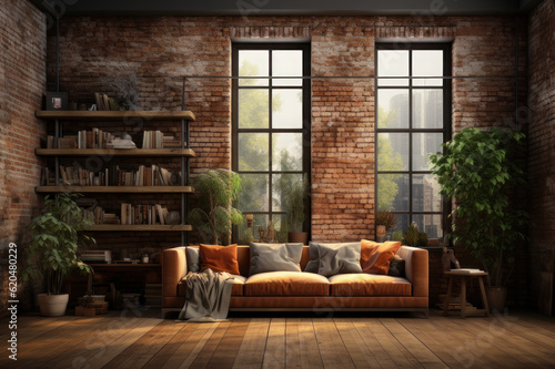 Background, loft style interior with brick wall and large windows. AI generative.