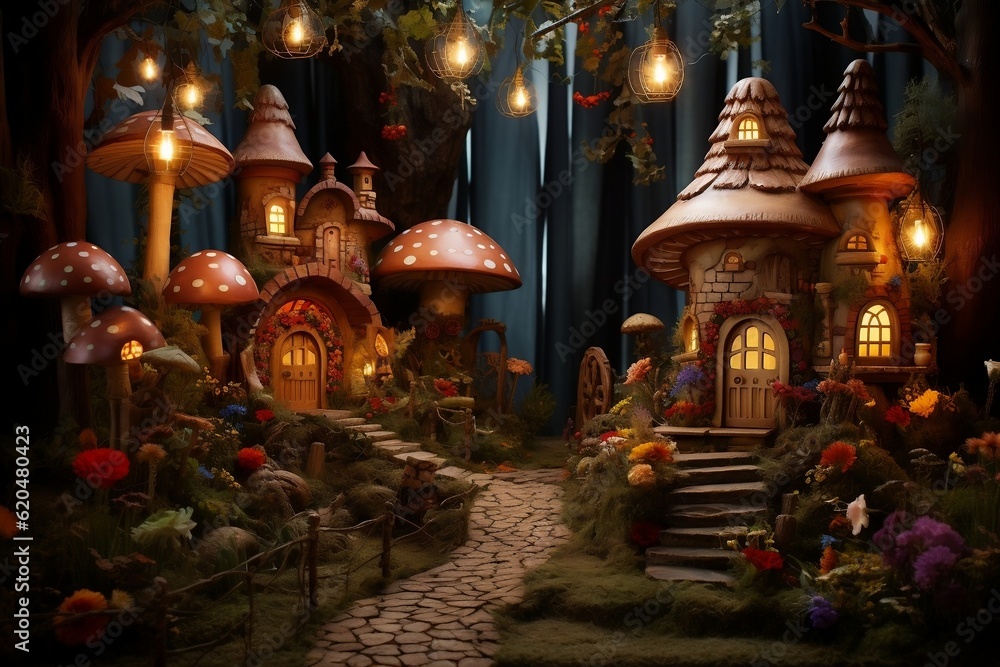 A fairy garden with pink flowers and mushrooms. AI