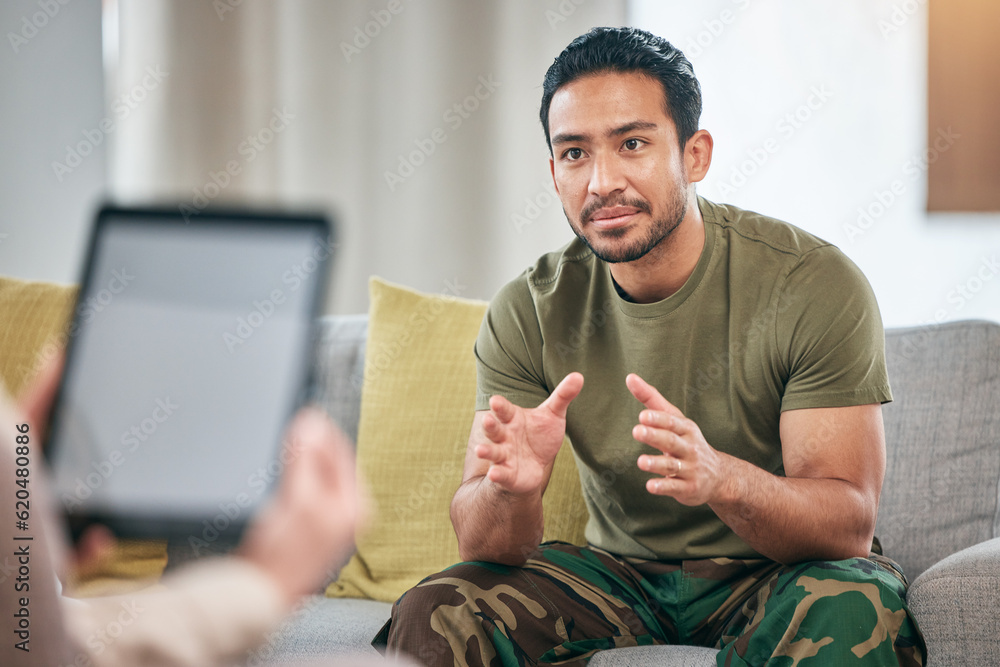 Talk, help and military man with therapist for counselling and support for mental health. Depression, consultation and army veteran with trauma for therapy at psychologist person for problem - obrazy, fototapety, plakaty 