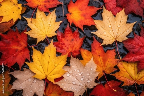 Texture of colorful maple leaves with raindrops