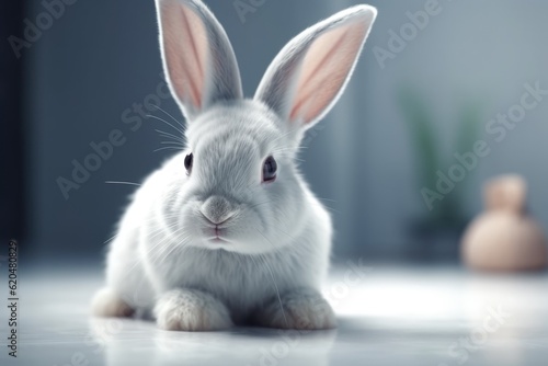 A white bunny rabbit sitting on a floor