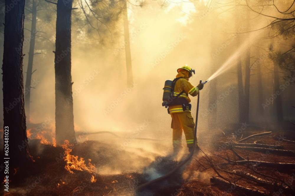 Obraz premium Brave firefighter while putting out a forest fire