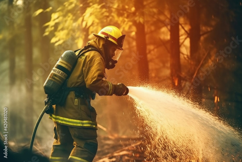 Fototapeta Brave firefighter while putting out a forest fire