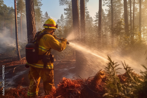 Brave firefighter while putting out a forest fire
