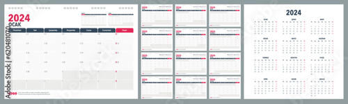 Calendar Planner 2024 in Turkish language. Week start Monday, corporate design planner template photo