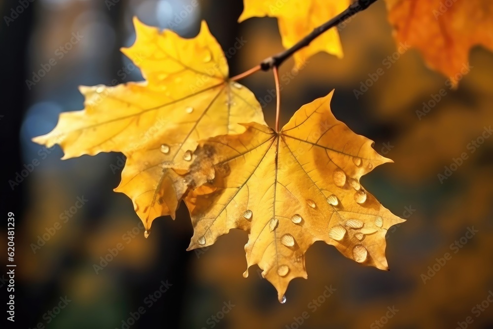 Texture of yellow maple leaves with raindrops Texture of yellow maple leaves with raindrops