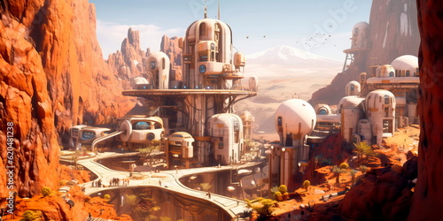Tablou canvas colony on Mars where people live and adapt to new conditions.