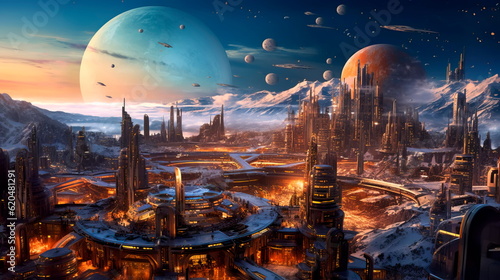 Foto interplanetary settlement where people live and work in a fictional space city