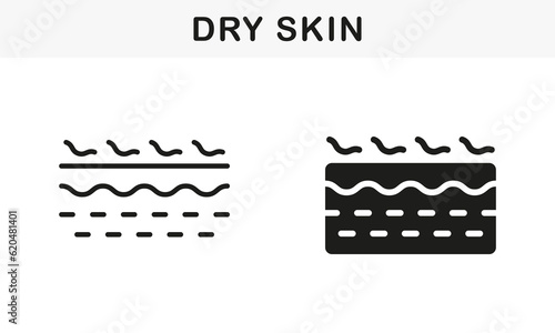 Dry Human Skin Line and Silhouette Black Icon Set. Dehydrated Dermis Problem Pictogram. Crack, Rough, Dry, Flaking Skin Structure Symbol Collection. Isolated Vector Illustration