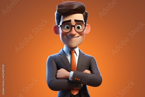 Portrait сartoon man with costume and glasses standing on an orange background. Cute character. Generative AI photo
