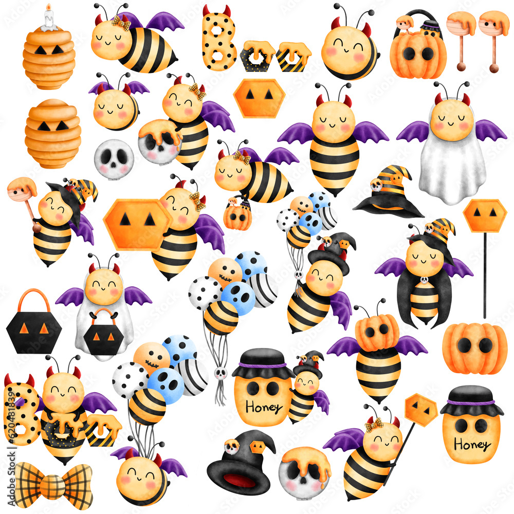 Set of cute little bees with red horns and purple wings.With cute halloween costumes and sweet honey.