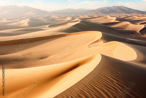 Textured sand dunes in a desert  captured from an aerial or close-up perspective  showcasing the magnificent natural formations and patterns of the sandy landscape. Generative AI.