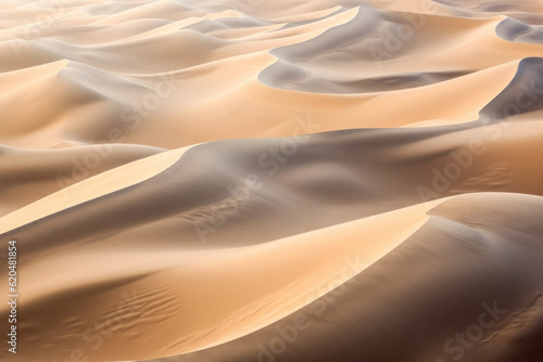 Textured sand dunes in a desert, captured from an aerial or close-up perspective, showcasing the magnificent natural formations and patterns of the sandy landscape. Generative AI. © Shinonome Studio