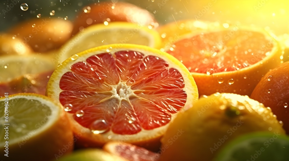 Fresh tasty red citrus mix slices close up, after rain, juice splashing around, rain drops, bright sunlight, bokeh natural background, banner, copy space, AI Generated Fresh tasty red citrus mix slices close up, after rain, juice splashing around, rain drops, bright sunlight, bokeh natural background, banner, copy space, AI Generated