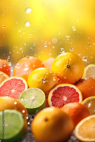 Fresh tasty red citrus mix slices close up  after rain  juice splashing around  rain drops  bright sunlight  bokeh natural background  banner  copy space  AI Generated