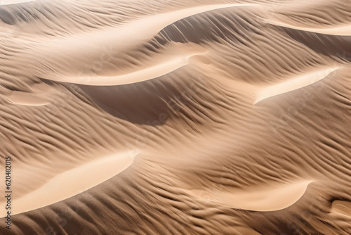 Textured sand dunes in a desert, captured from an aerial or close-up perspective, showcasing the magnificent natural formations and patterns of the sandy landscape. Generative AI. © Shinonome Studio