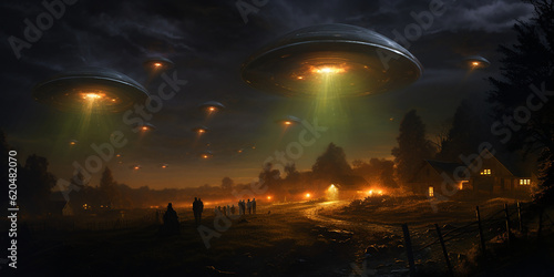 Alien invasion over rural American countryside neighborhood. Generative AI illustration