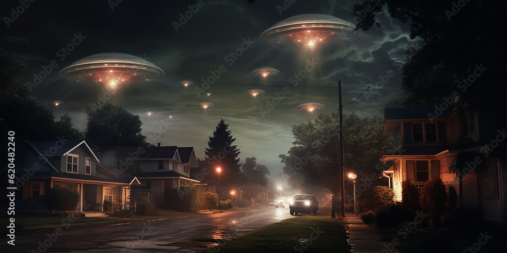 Alien invasion in the suburb of an American residential neighborhood. Generative AI illustration