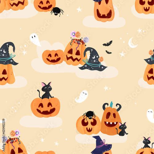 Fun hand drawn halloween pumpkin seamless pattern, cute pumpkins background, great for banners, wallpapers, textiles, cards - vector design