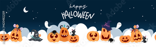 Fun hand drawn halloween horizontal pumpkin seamless pattern, cute pumpkins background, great for banners, wallpapers, textiles, cards - vector design