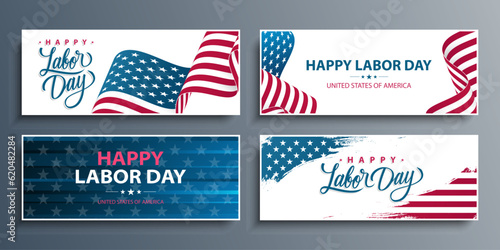 Happy Labor Day Set. United States Labor Day celebration banners with American national flag backgrounds. USA national holiday greetings. Vector illustration.